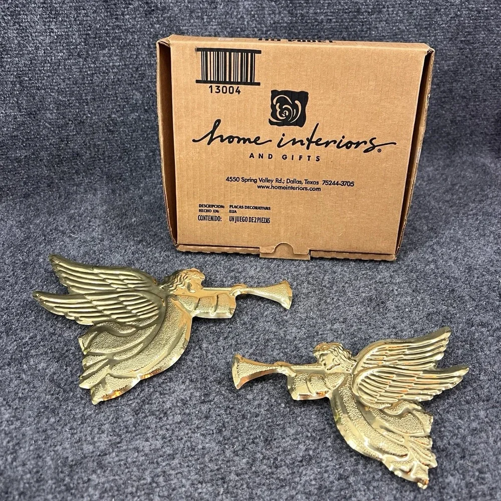 Home Interiors Pair Of Angels With Horn Gold Wall Decor Tin Brass MCM Vtg 13004